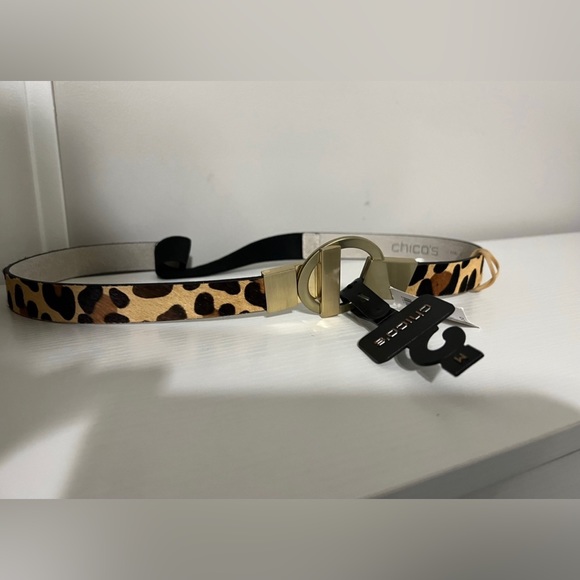 Chico's Accessories - Chico’s 3 size stretch leather calf hair animal print belt with metal fastener.